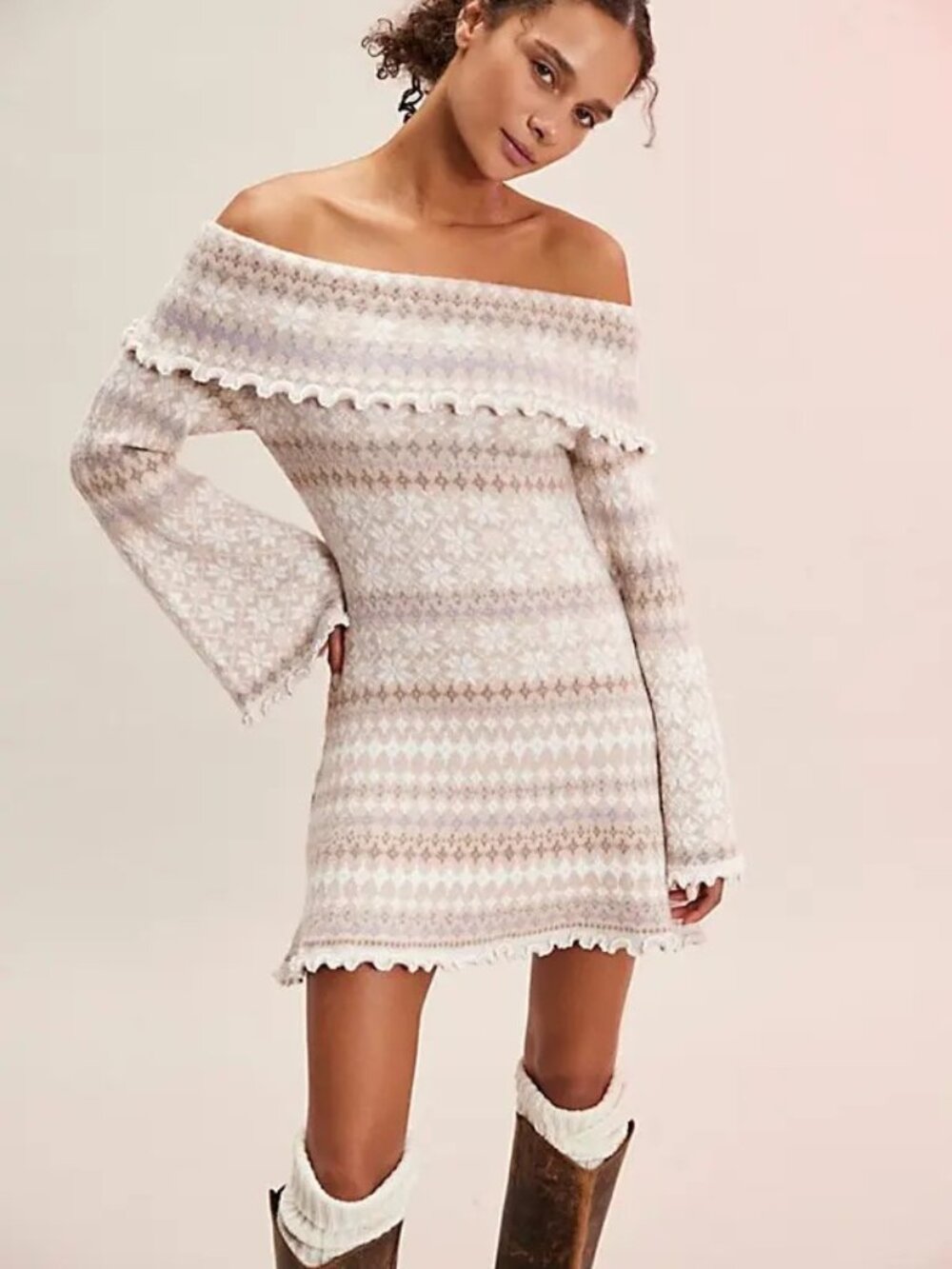 Free People Fiona Fair Isle Mini Dress in Neutral Combo NEW